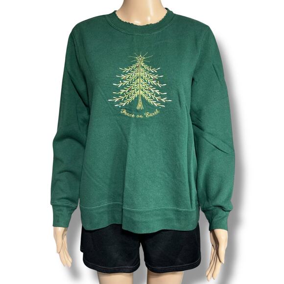 Holiday Editions Womens Christmas Sweatshirt Pullover Embroidered Peace on Earth - Picture 1 of 9